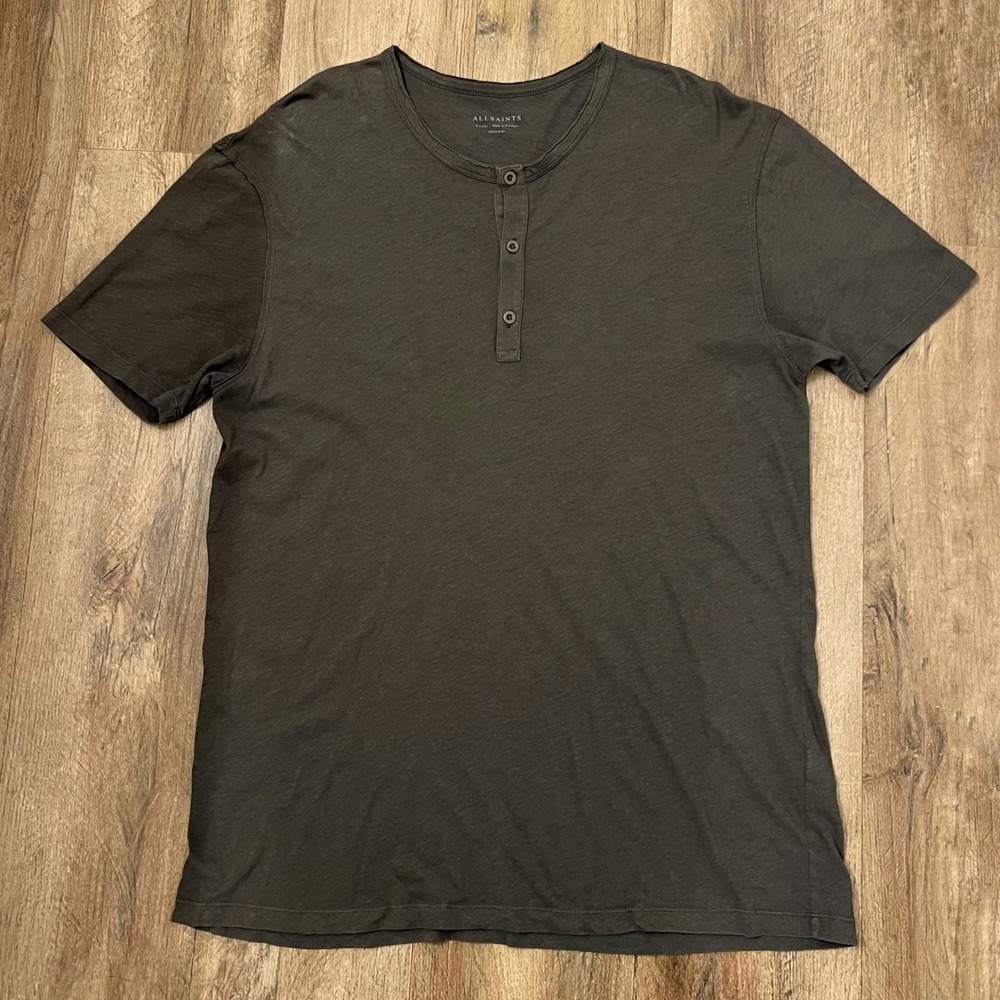 AllSaints Figure SS Henley Shirt Mens XL Charcoal Grey Cotton Short Sleeve